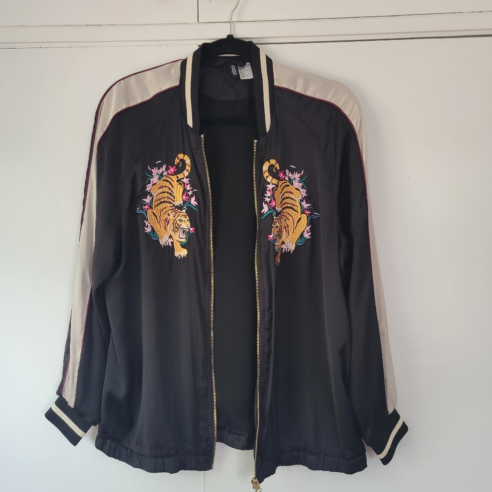 H&M Tiger Embroidered Black Bomber Jacket